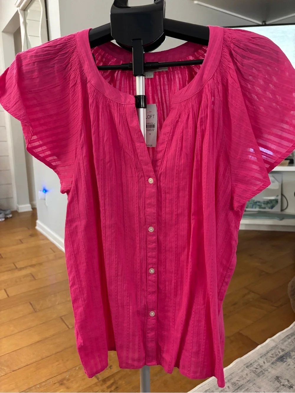 LOFT Bright Fuchsia Button-Front Flutter Sleeve Blouse - Picture 1 of 4